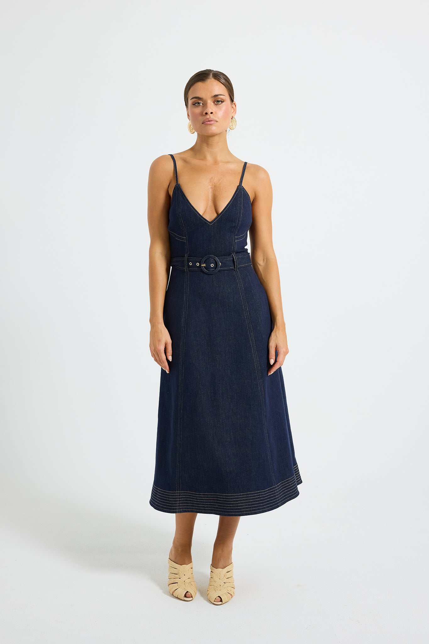 Indie Flared Midi Dress Casual Stretch Indigo Denim Dress for Women PASDUCHAS Indie Flared Midi Dress Casual Stretch Indigo Denim Dress for Women PASDUCHAS