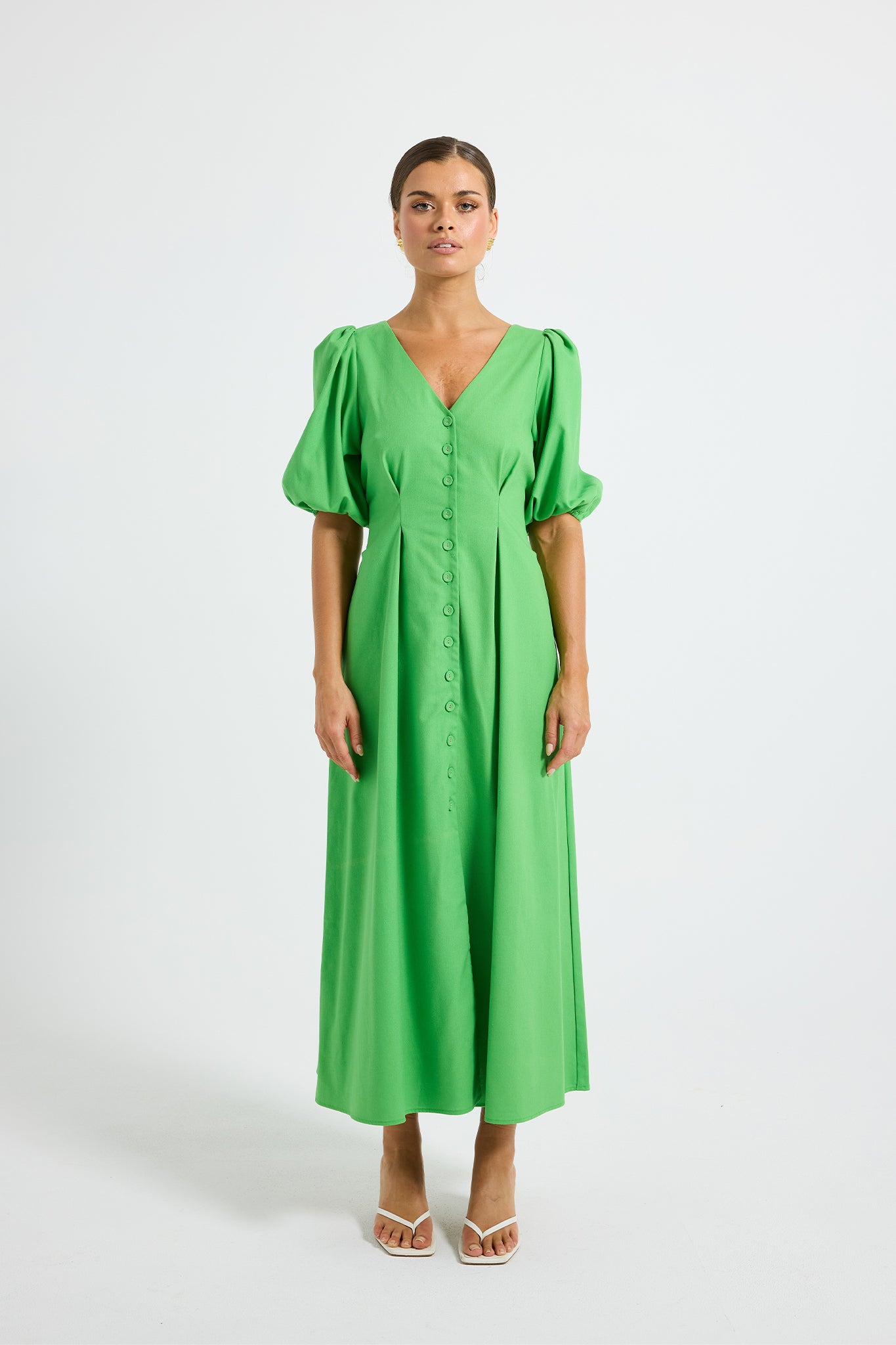 Vera Button Midi – Clover Green Linen Puff Sleeve Shirt Midi Dress –  PASDUCHAS