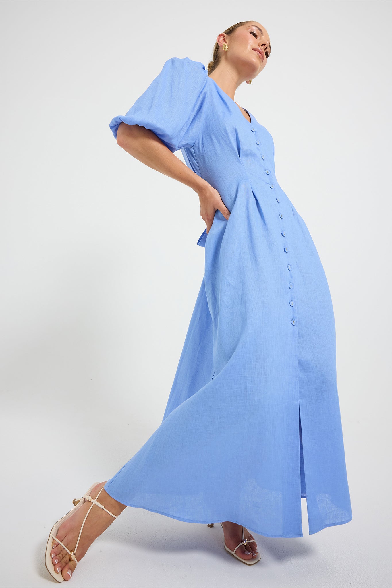 pasduchas perry midi dress Vera Button Midi – Blue Linen Puff Sleeve Shirt Midi Dress – PASDUCHAS