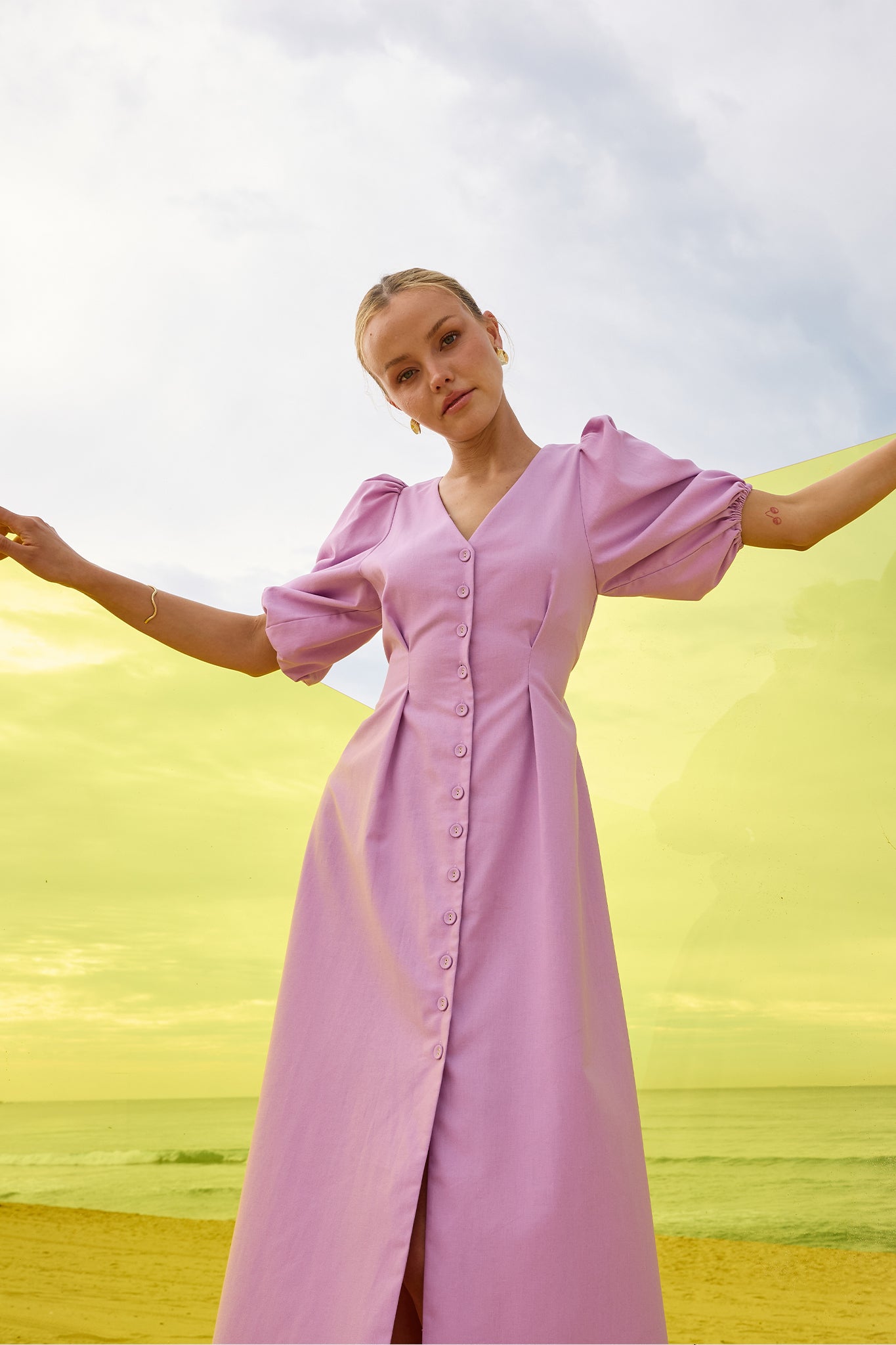 pasduchas mercury midi dress Vera Button Midi – Orchid Linen Puff Sleeve Shirt Midi Dress – PASDUCHAS