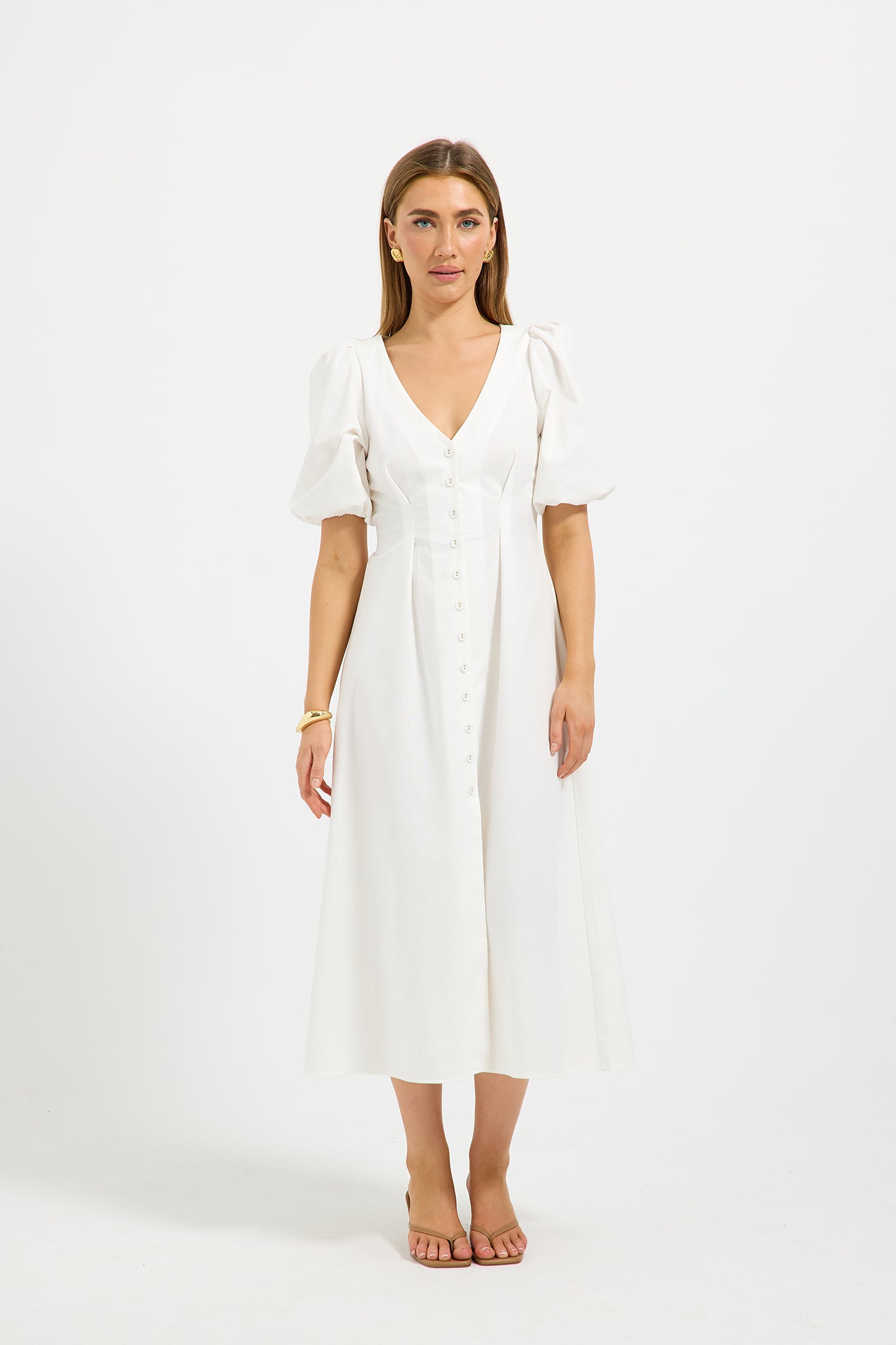 Vera Button Midi White Linen Puff Sleeve Shirt Midi Dress PASDUCHAS Vera Button Midi White Linen Puff Sleeve Shirt Midi Dress PASDUCHAS