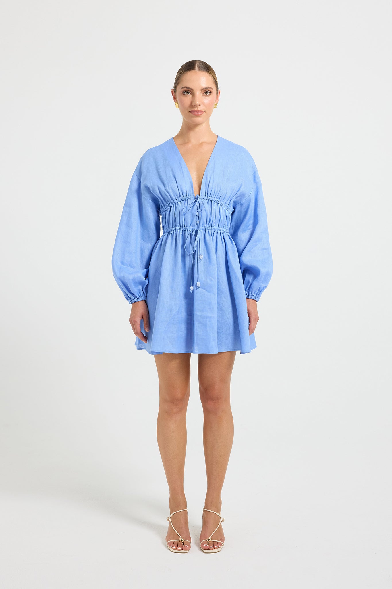 Vera Mini Dress – Blue Linen Long Sleeve Casual Dress for Women – PASDUCHAS