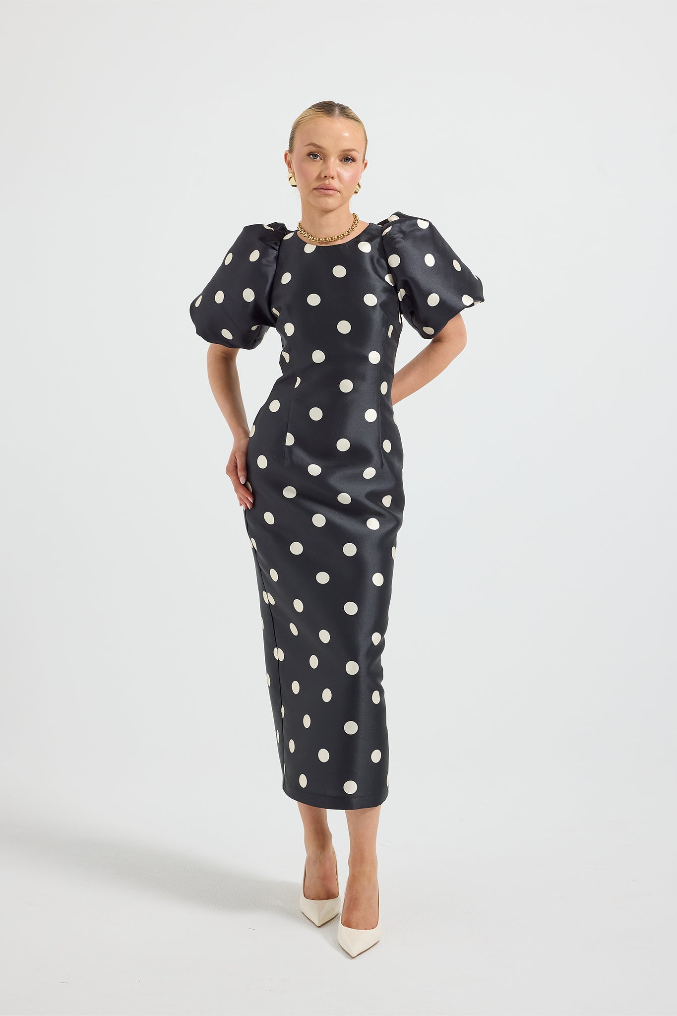 Dottie Puff Sleeve Midi Polka Dot Taffeta Dress for Day