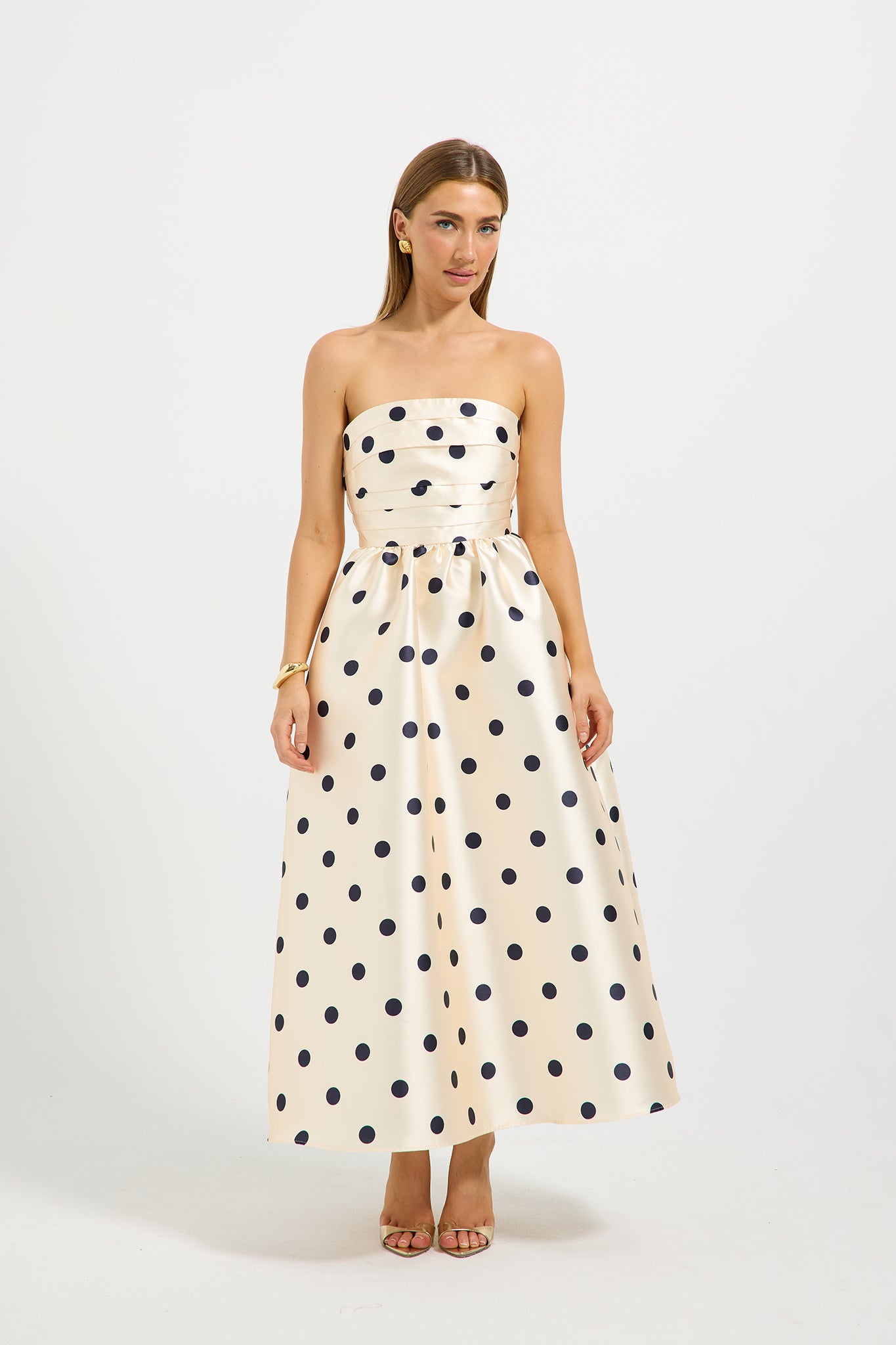 cream polka dot taffeta midi dress Dottie Strapless Midi – Polka Dot Strapless Midi Dress with Pockets –  PASDUCHAS