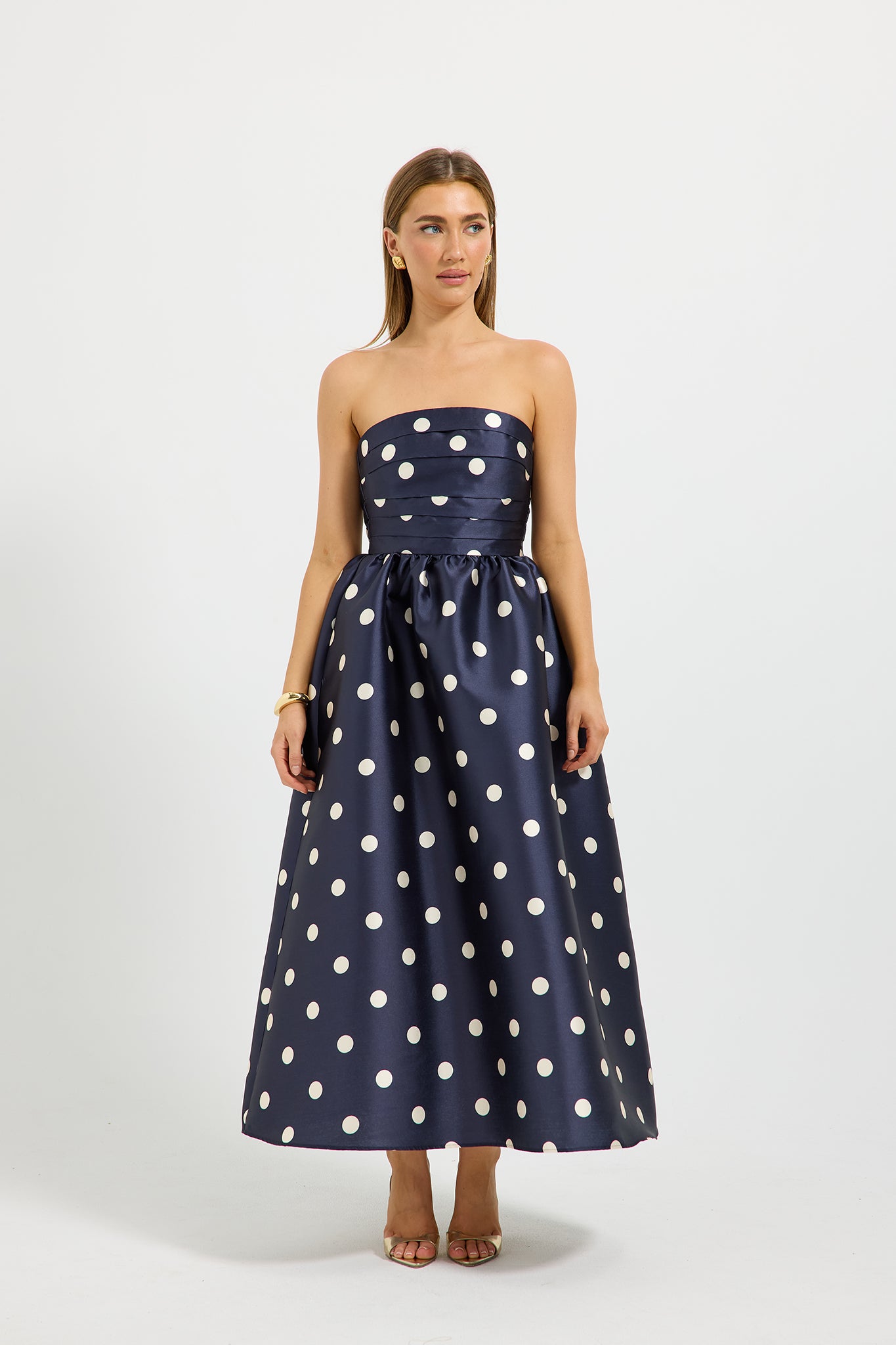 dotti navy blue dress Dottie Strapless Midi – Polka Dot Strapless Midi Dress with Pockets –  PASDUCHAS