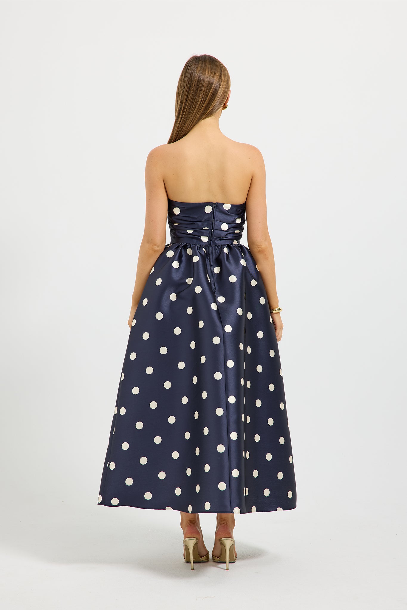 Dottie Strapless Midi – Polka Dot Strapless Midi Dress with Pockets