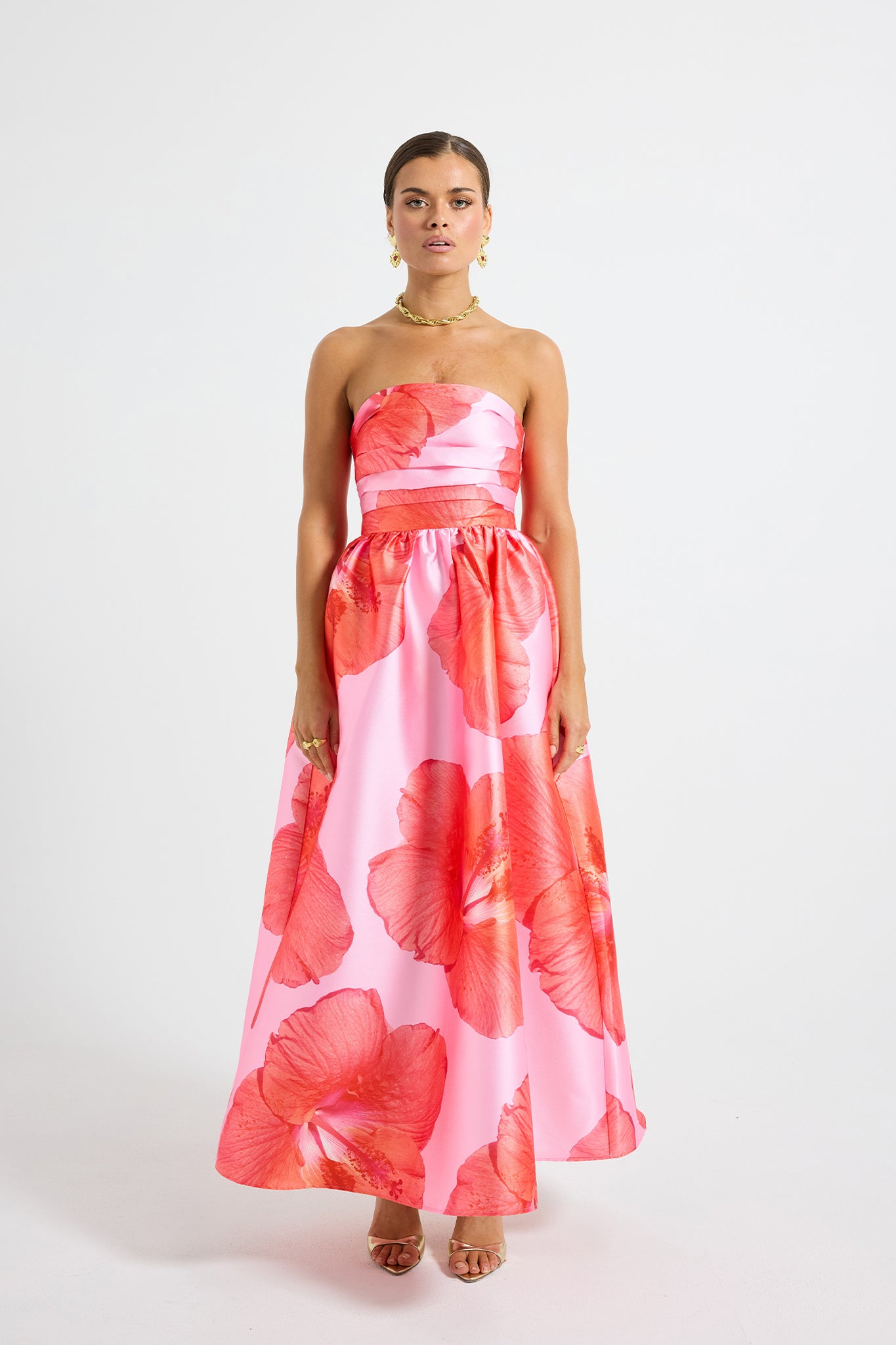Kalani Strapless Midi - Pink Floral Formal Event-wear Dress  PASDUCHAS