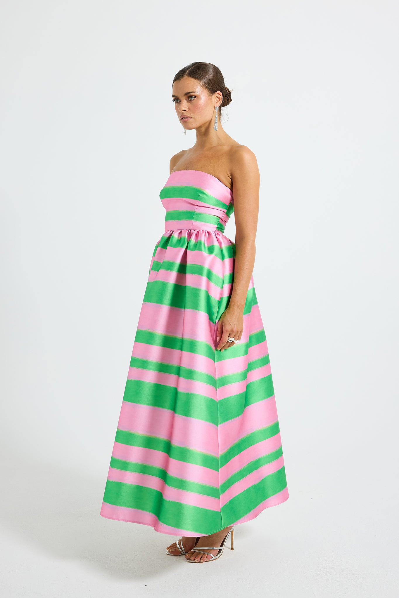 Gigi Strapless Midi Pink & Green Stripe Taffeta Event Dress PASDUCHAS Gigi Strapless Midi Pink & Green Stripe Taffeta Event Dress PASDUCHAS