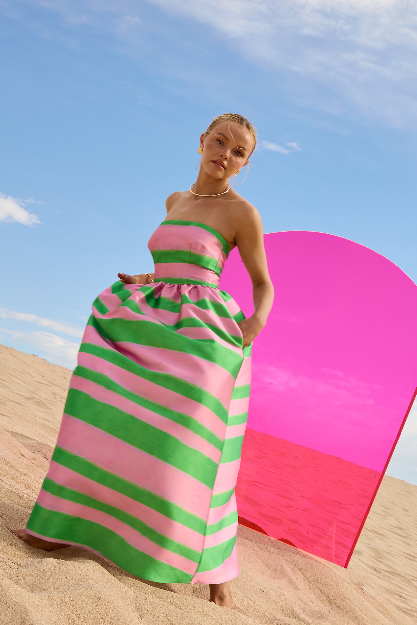 Gigi Strapless Midi Pink & Green Stripe Taffeta Event Dress PASDUCHAS Gigi Strapless Midi Pink & Green Stripe Taffeta Event Dress PASDUCHAS