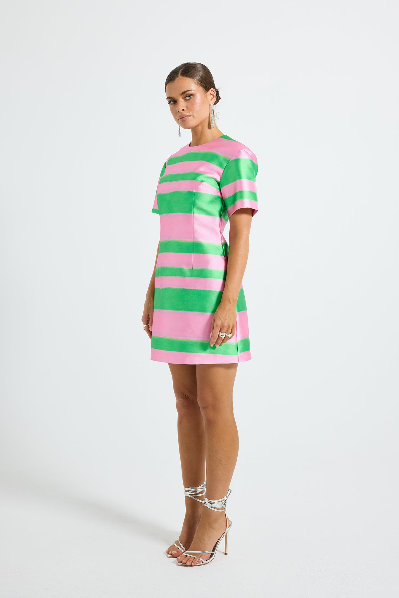 strapless open back dress Gigi Sleeve Mini Dress – Green Pink Stripe Taffeta Christmas Party Mini  Dress – PASDUCHAS