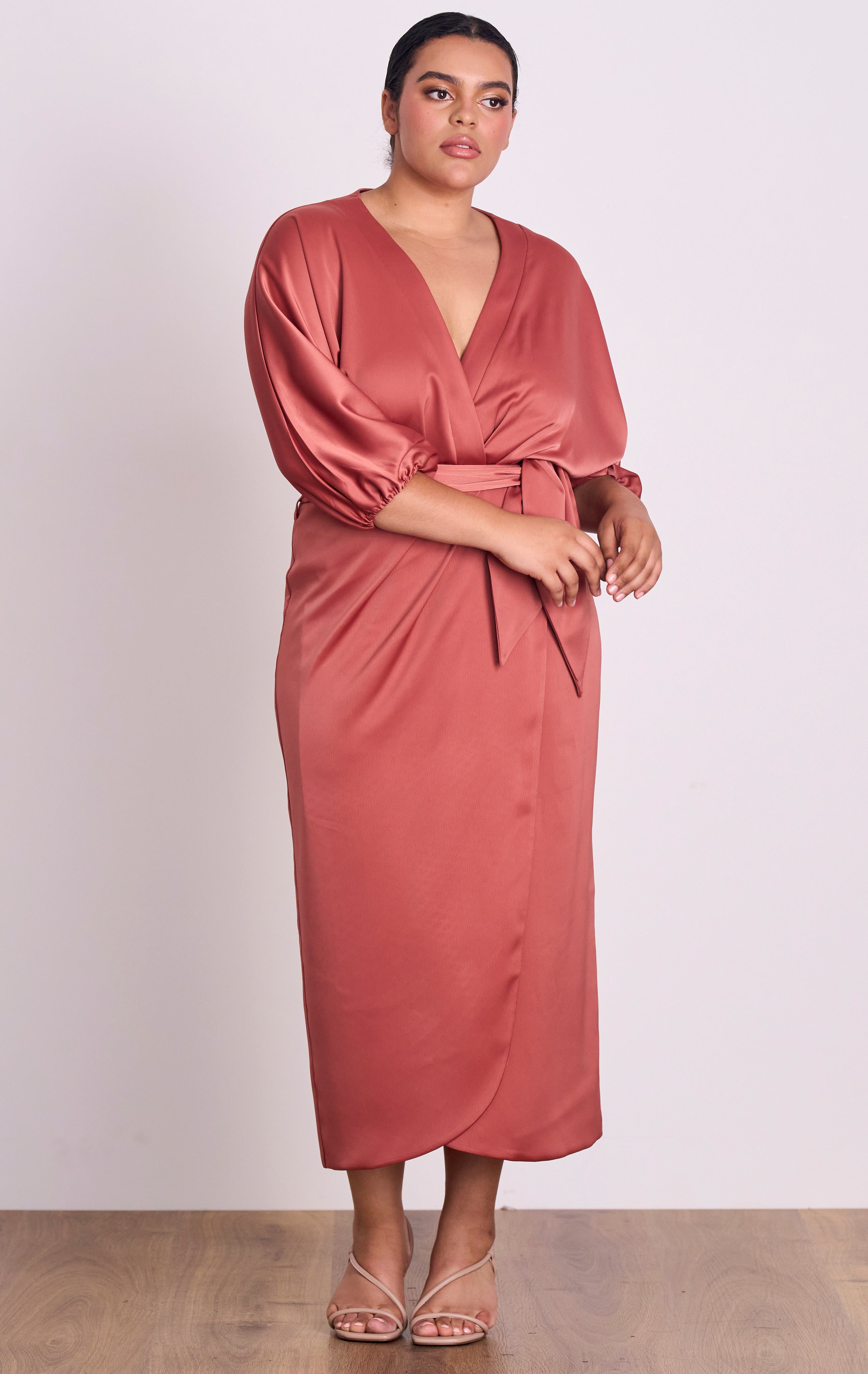 Florence Wrap Sleeved Rose Satin Bridesmaid Midi Dress