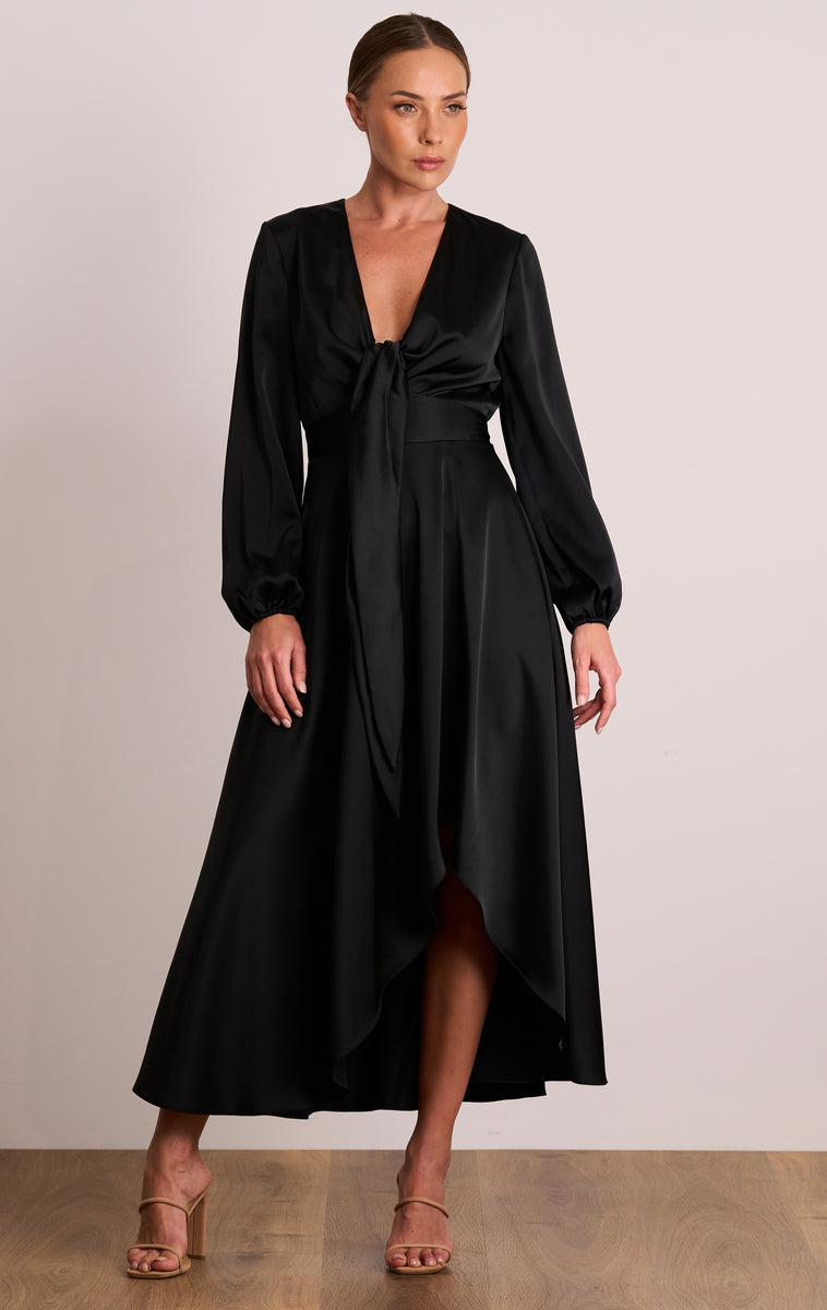 Florence Tie Long Sleeve Midi Dress in Black Satin