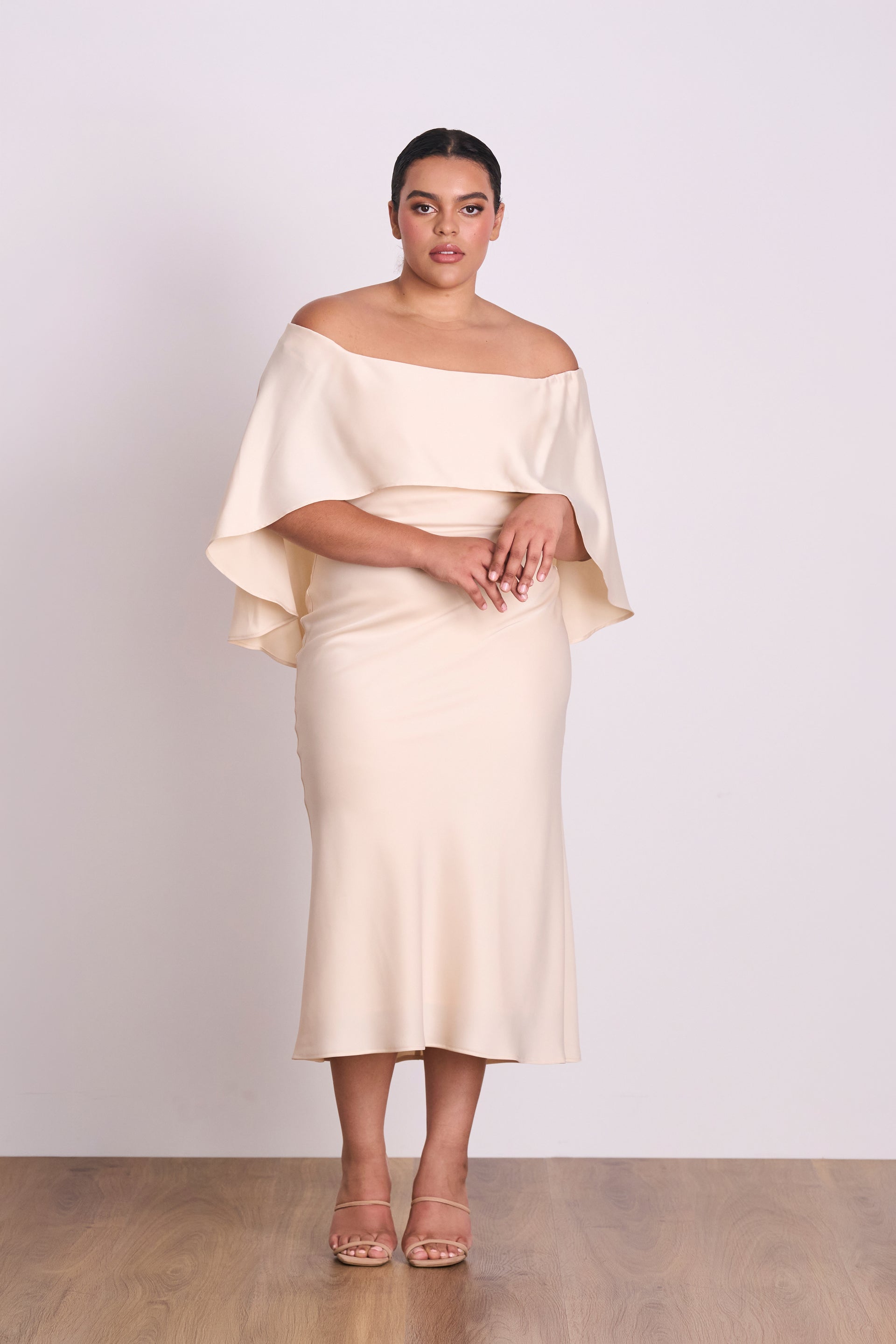 PASDUCHAS Florence Off Shoulder Champagne Satin Formal Bridesmaid Midi Dress
