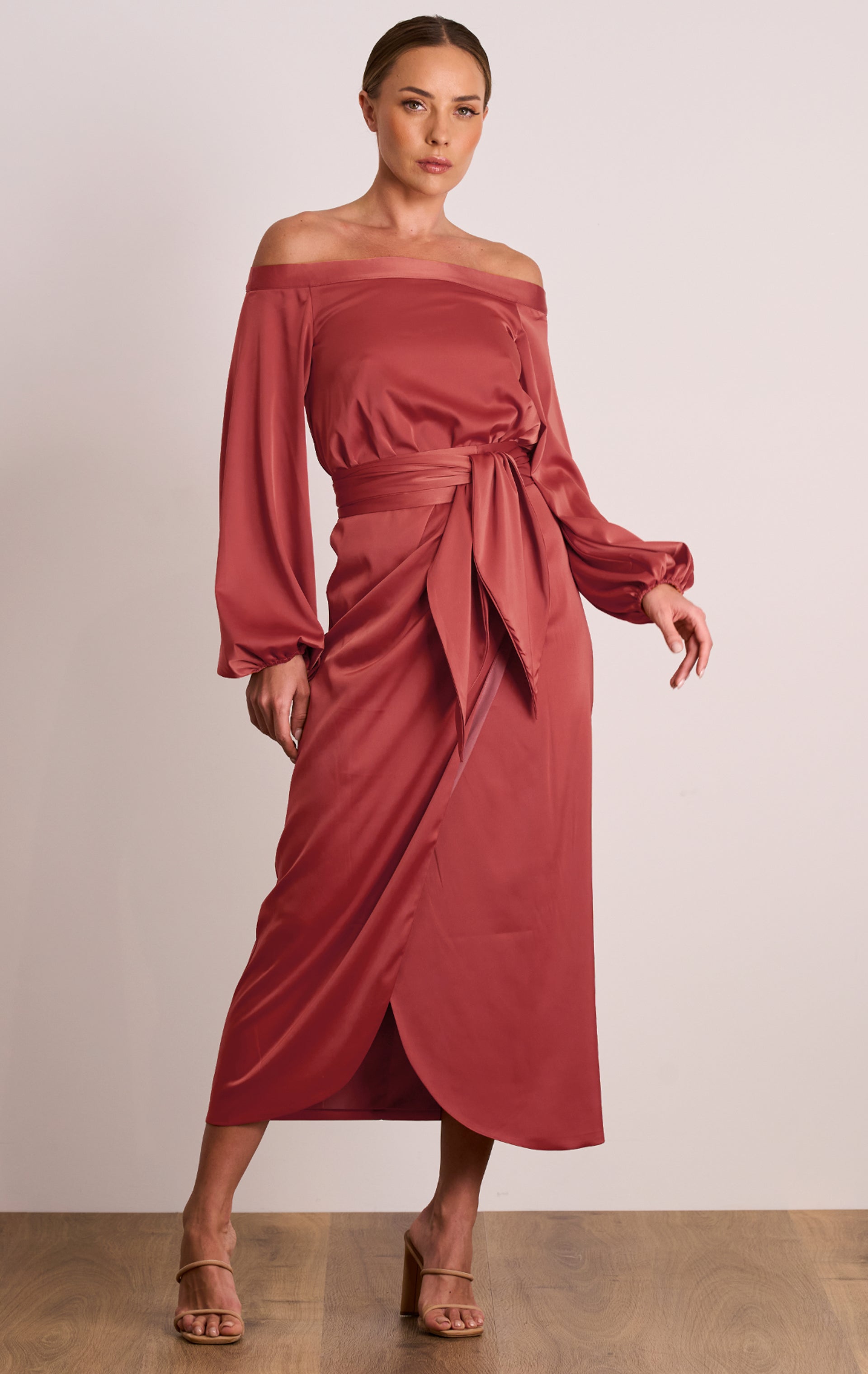 Long Sleeve Red Off The Shoulder Midi Dress Coraline Red Long