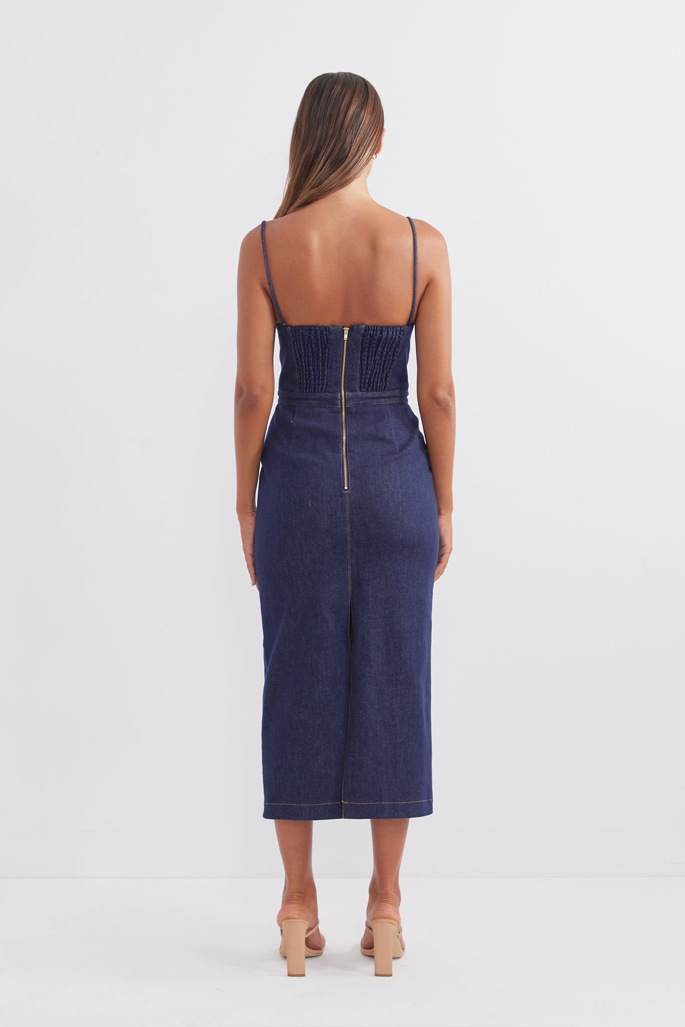 Zuri Indigo Blue Stretch Denim Midi Dress – P A S D U C H A S