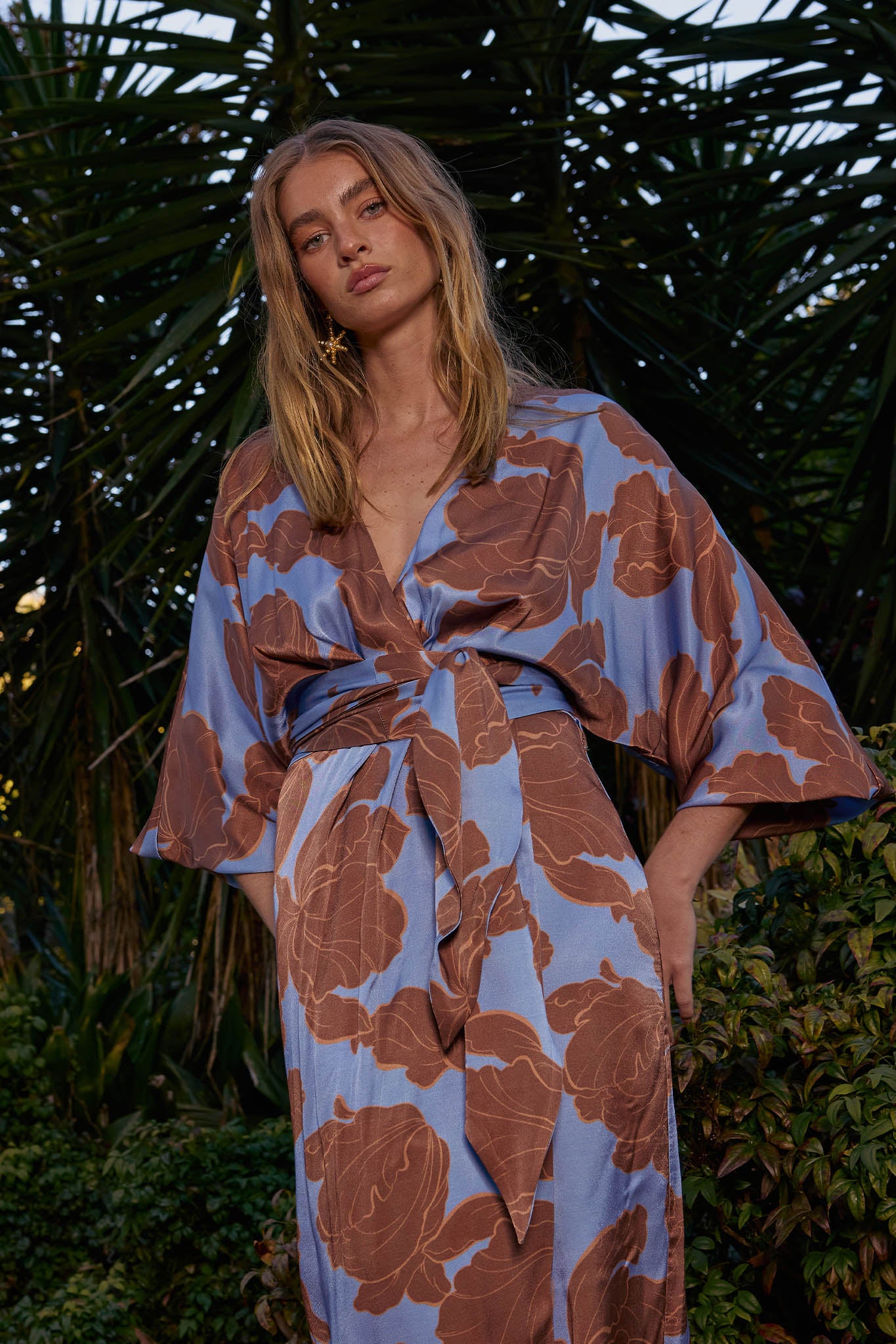 Lucent Wrap Midi – Satin Floral Midi Dress with Tie Waist & Long Sleeves –  PASDUCHAS