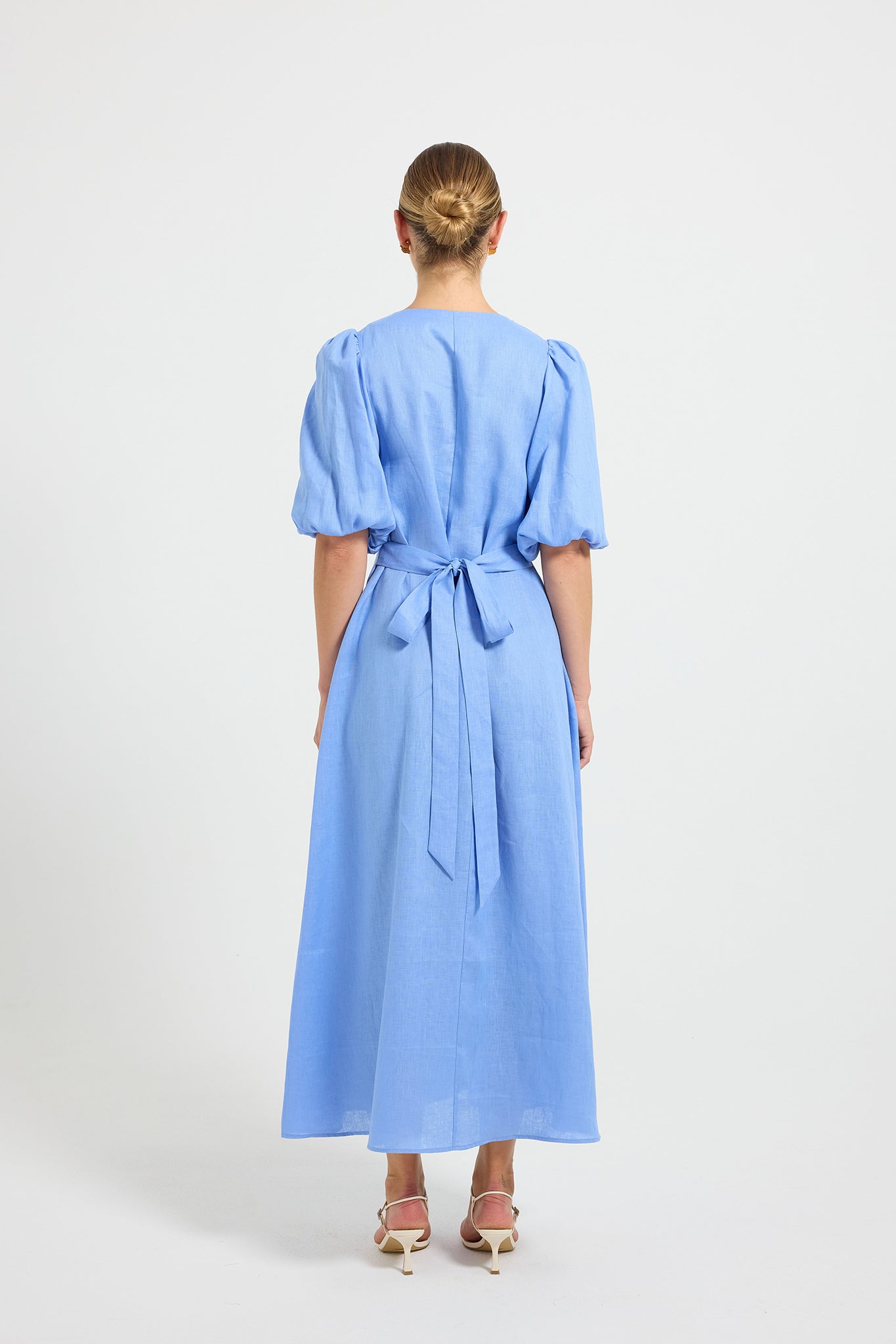 Vera Button Midi – Blue Linen Puff Sleeve Shirt Midi Dress – PASDUCHAS