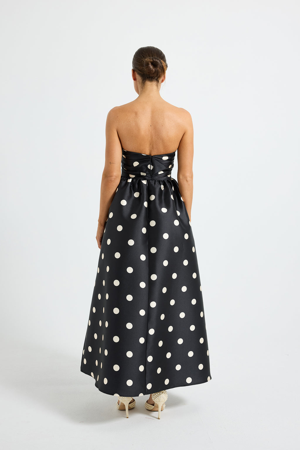 Dottie Strapless Midi – Polka Dot Strapless Midi Dress with Pockets