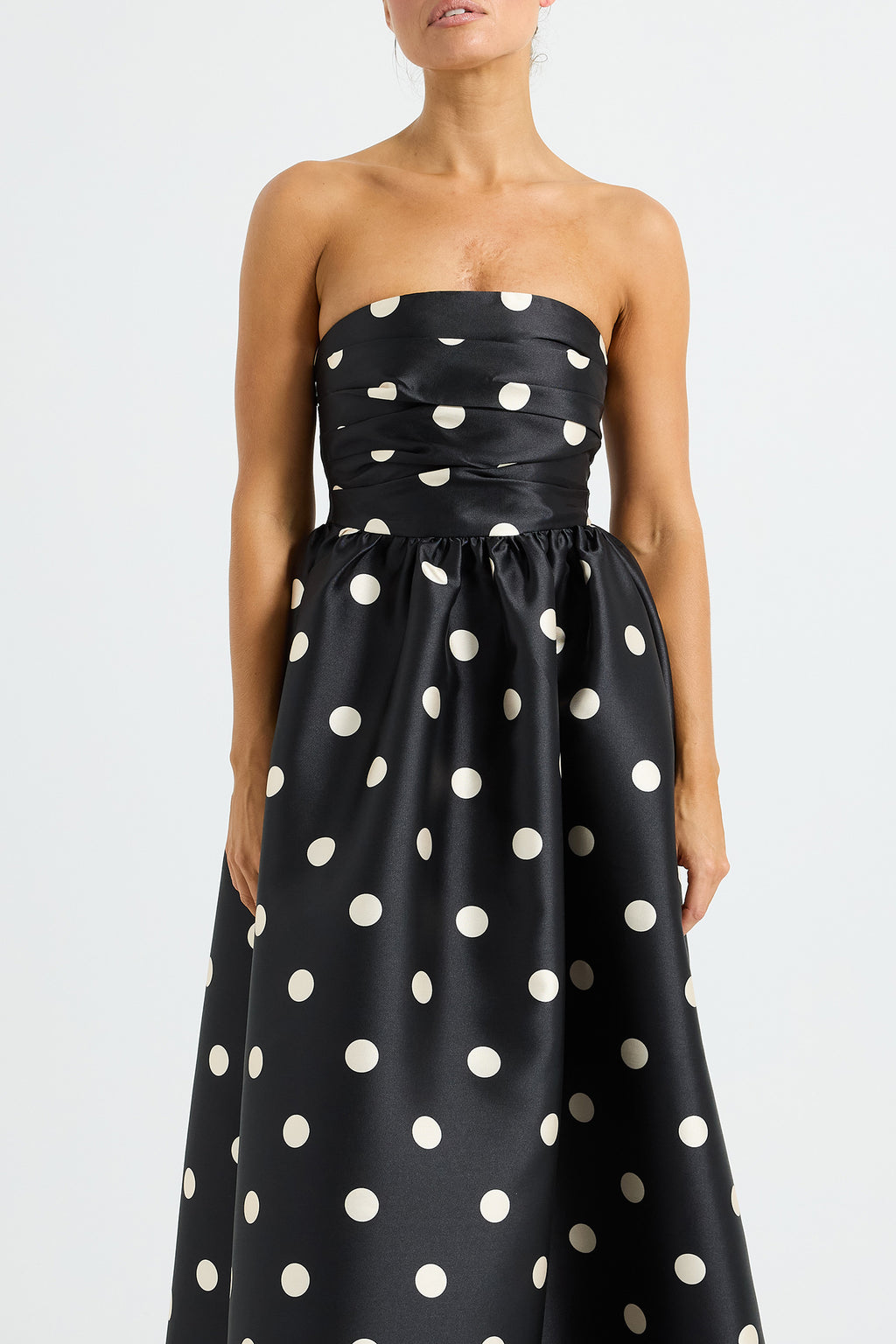 Dottie Strapless Midi – Polka Dot Strapless Midi Dress with Pockets