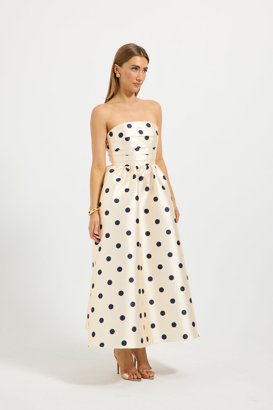 Dottie Strapless Midi – Polka Dot Strapless Midi Dress with Pockets