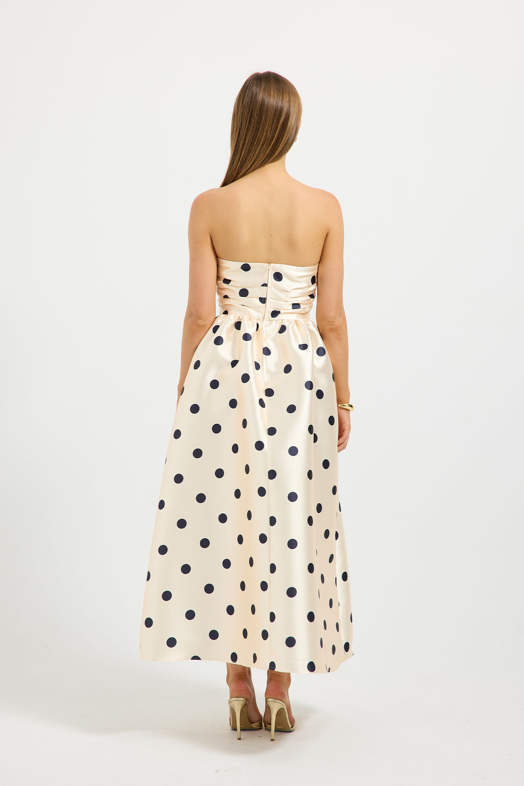 Dottie Strapless Midi – Polka Dot Strapless Midi Dress with Pockets
