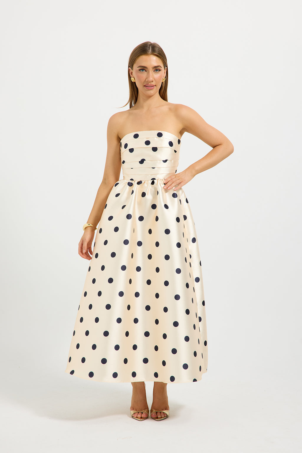 Dottie Strapless Midi – Polka Dot Strapless Midi Dress with Pockets