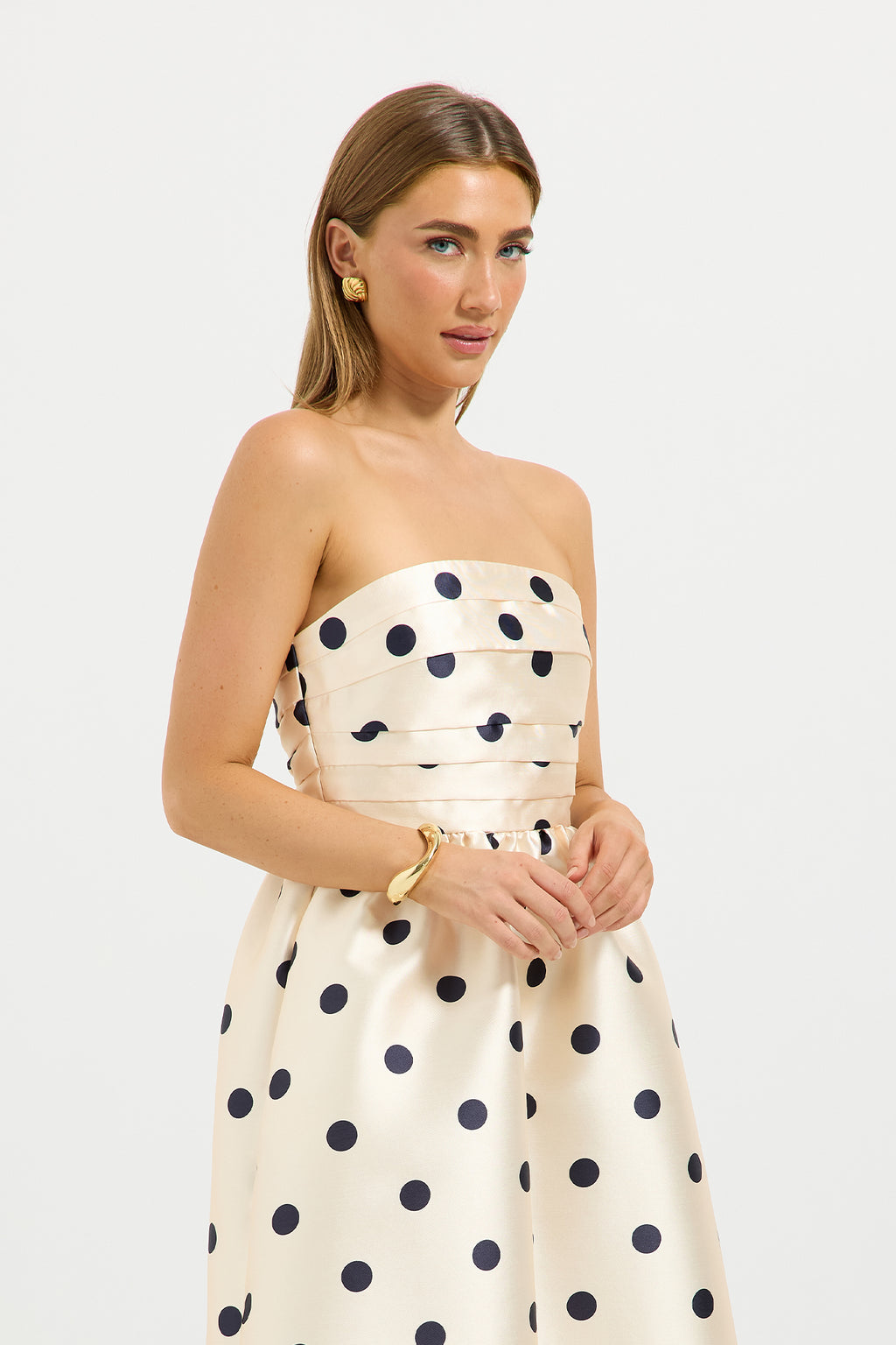 Dottie Strapless Midi – Polka Dot Strapless Midi Dress with Pockets