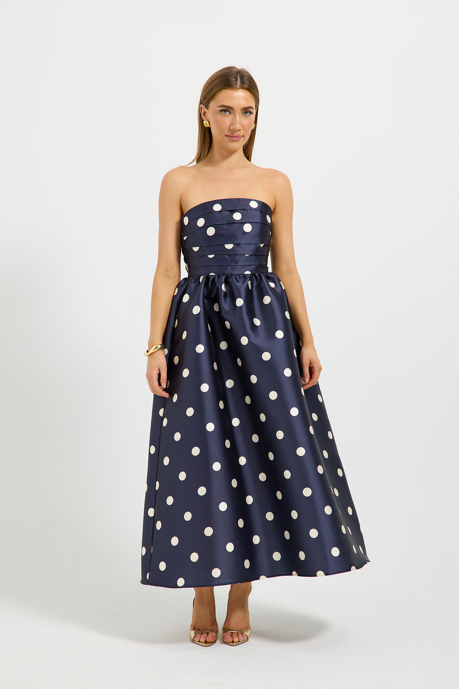 Dottie Strapless Midi – Polka Dot Strapless Midi Dress with Pockets