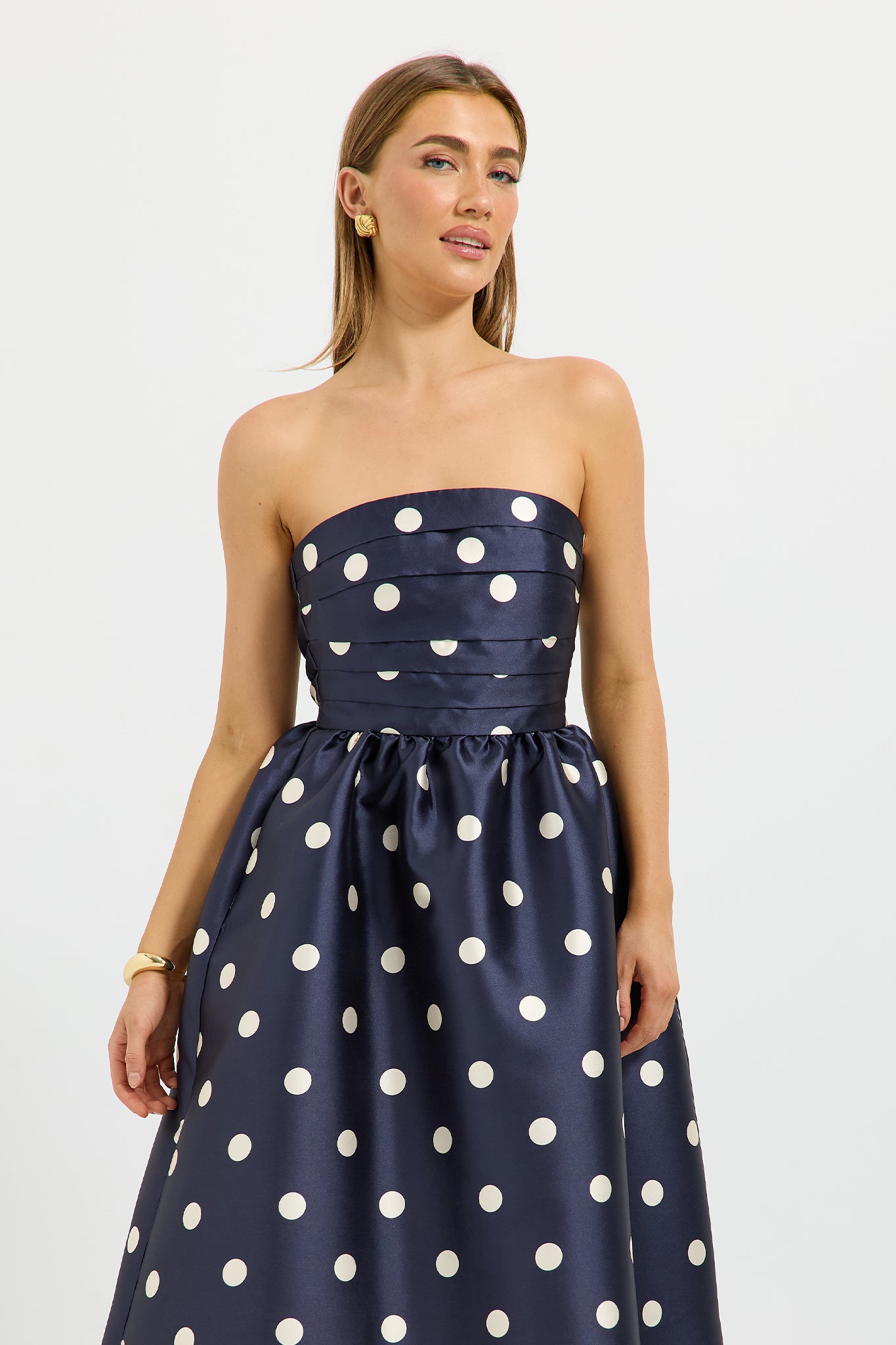 strapless navy blue polka dot dress Strapless Polka Dot Dress, Navy Medium