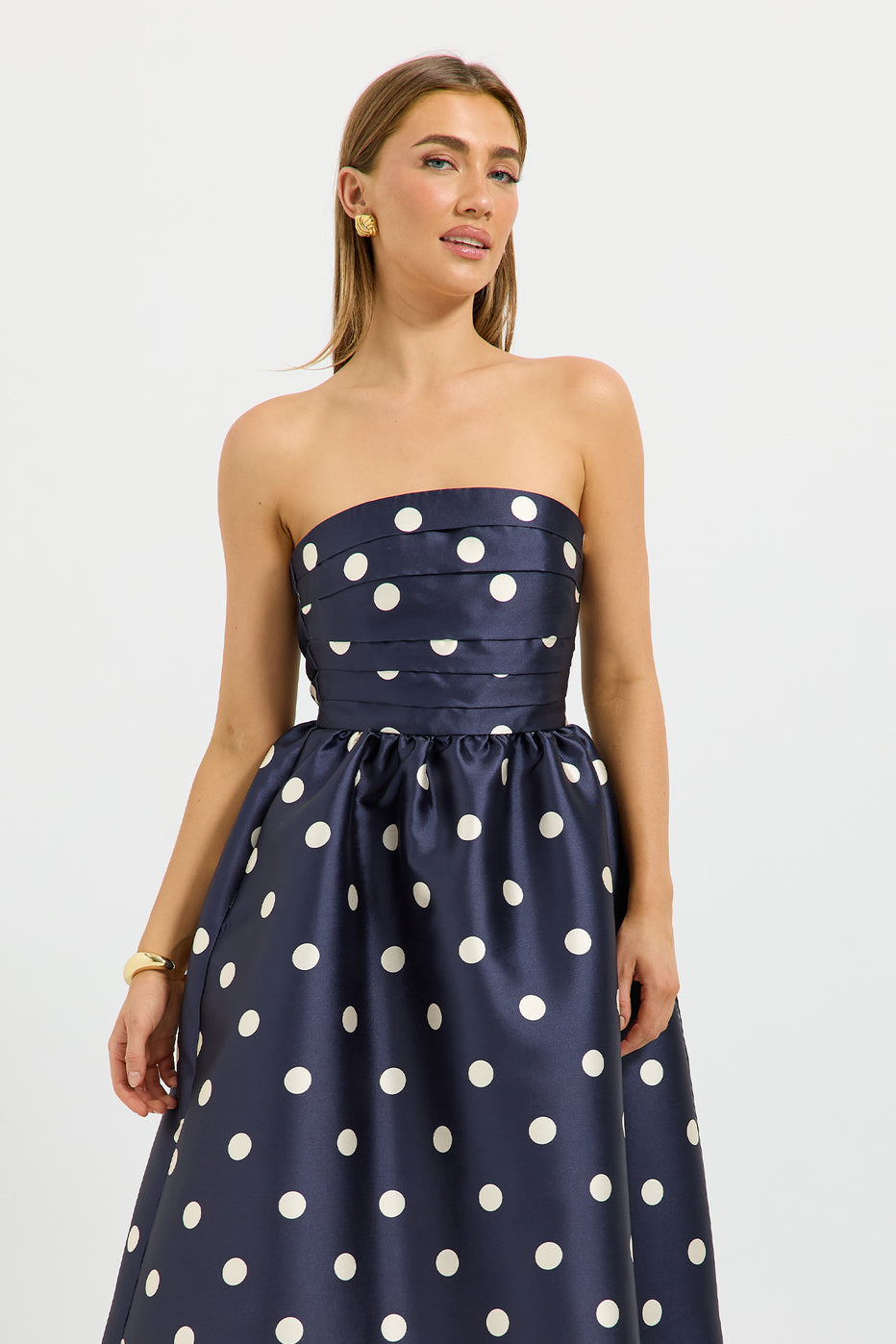 Dottie Strapless Midi – Polka Dot Strapless Midi Dress with Pockets