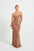 Woman wearing a strapless chocolate brown satin evening gown 