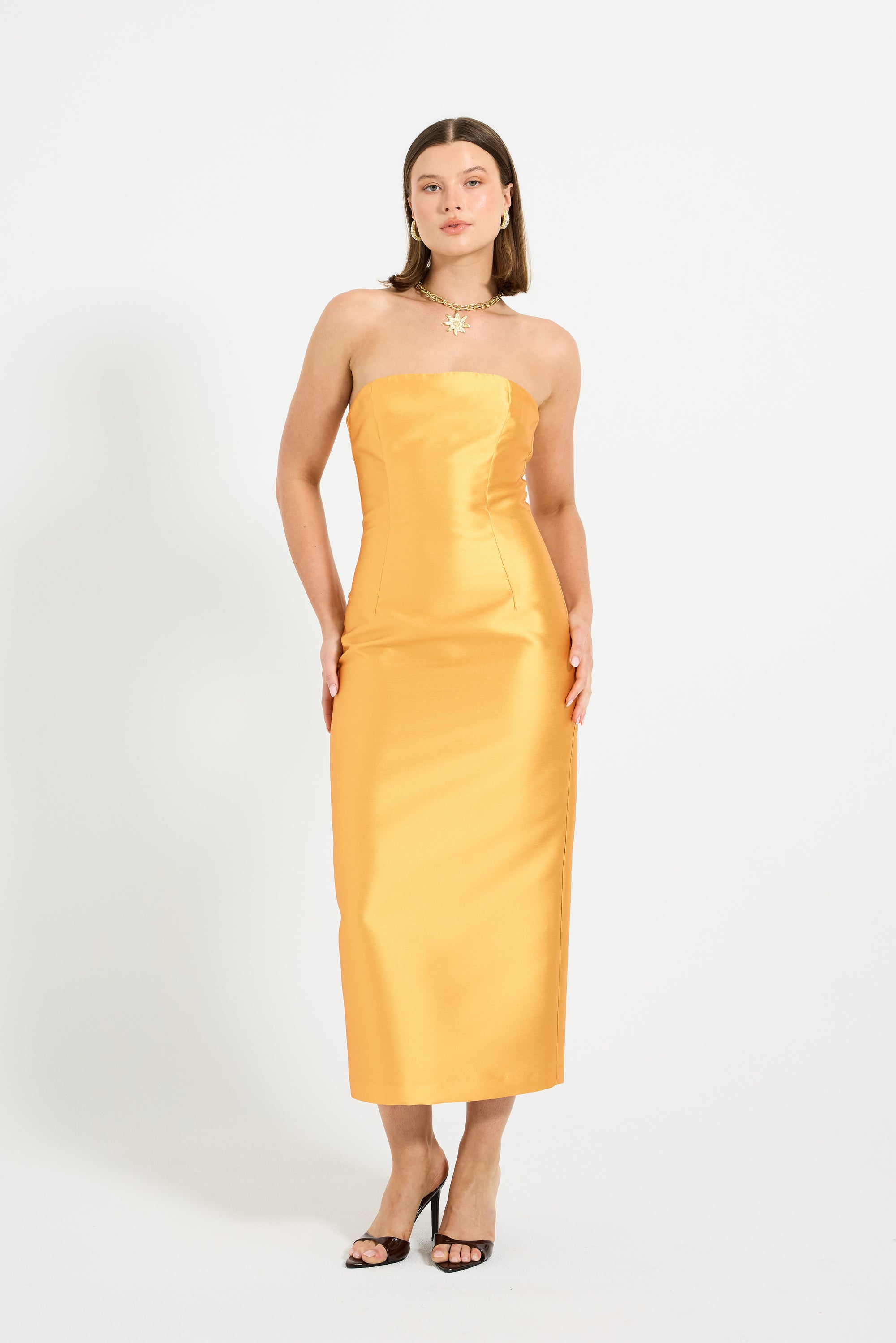 Pippa Fitted Midi Dress Strapless Taffeta Golden Yellow Cocktail Party Midi PASDUCHAS Pippa Fitted Midi Dress Strapless Taffeta Golden Yellow Cocktail Party Midi PASDUCHAS
