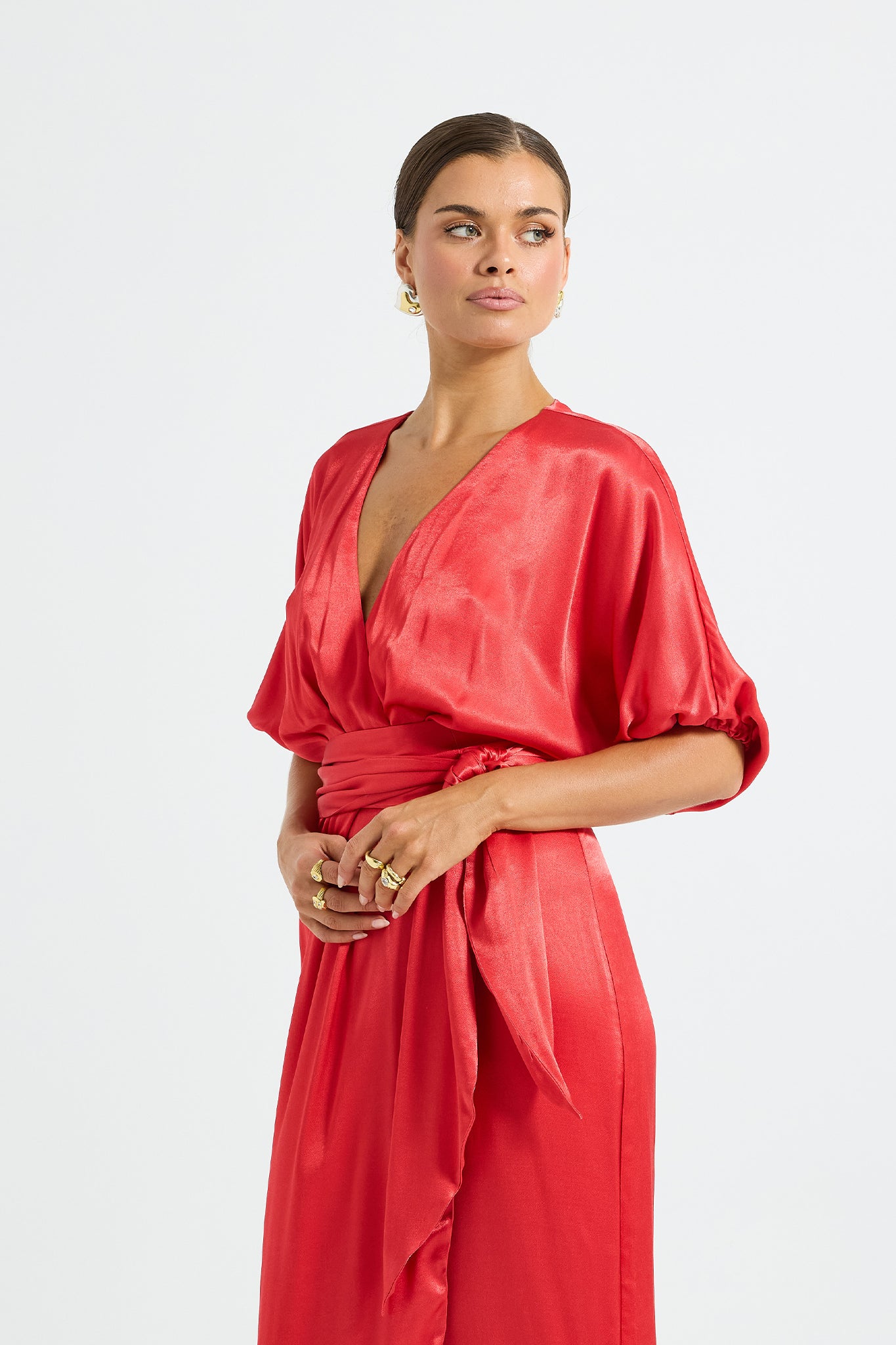 Quinn Wrap Midi – Poppy Red Satin Christmas Party Dress – PASDUCHAS