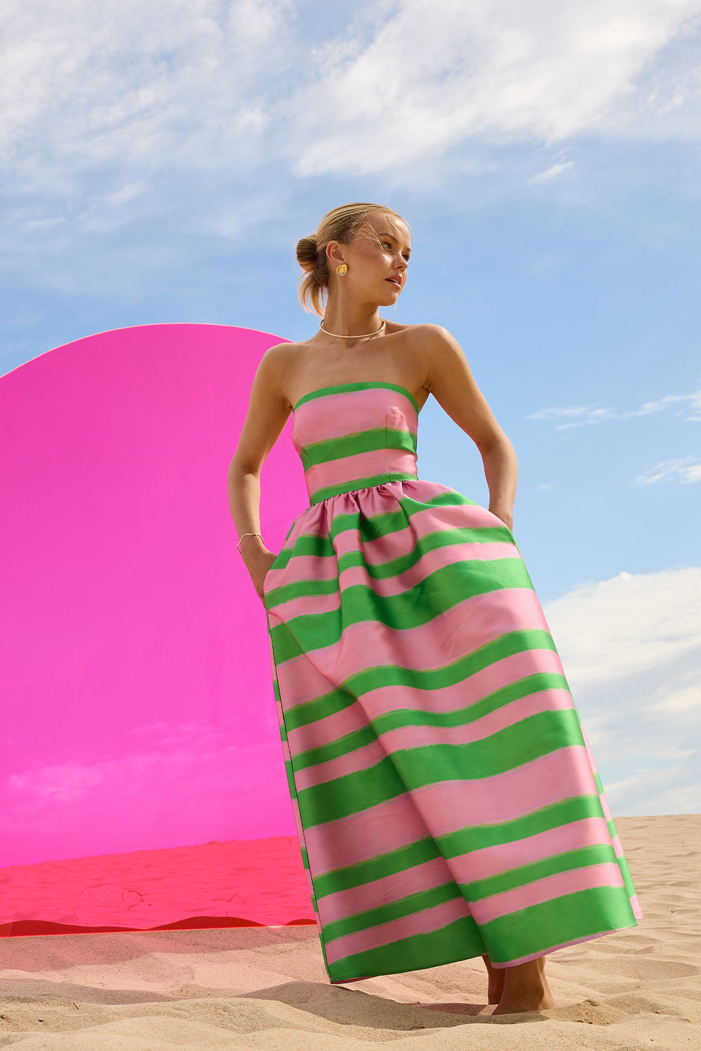 Gigi Strapless Midi Pink & Green Stripe Taffeta Event Dress – PASDUCHAS
