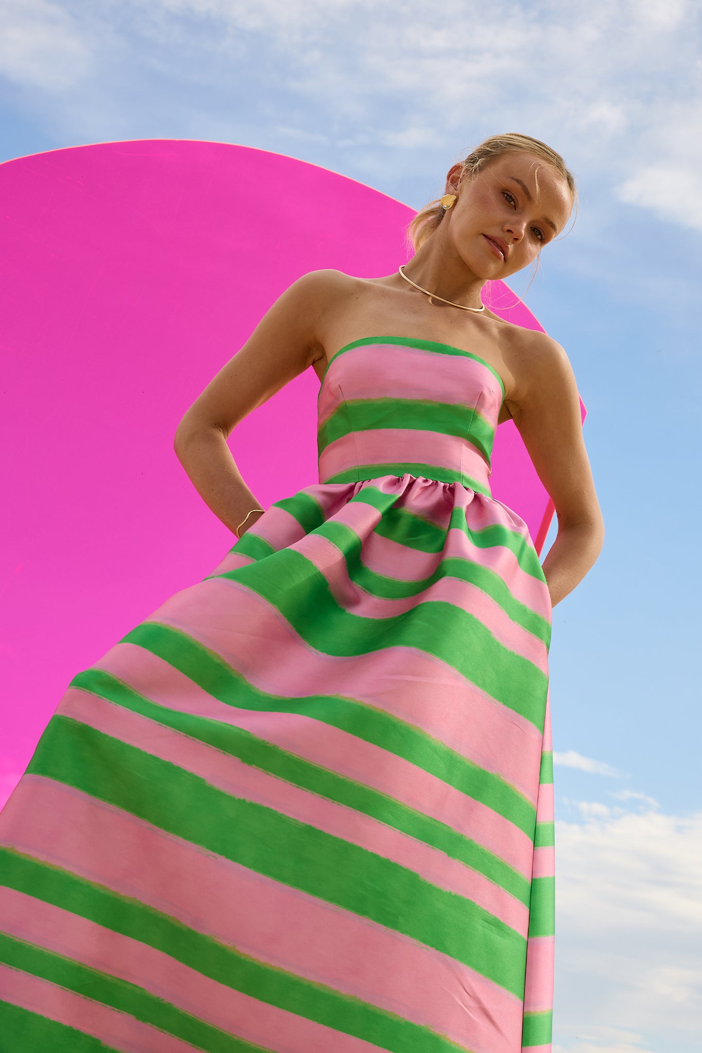Gigi Strapless Midi Pink & Green Stripe Taffeta Event Dress PASDUCHAS Gigi Strapless Midi Pink & Green Stripe Taffeta Event Dress PASDUCHAS