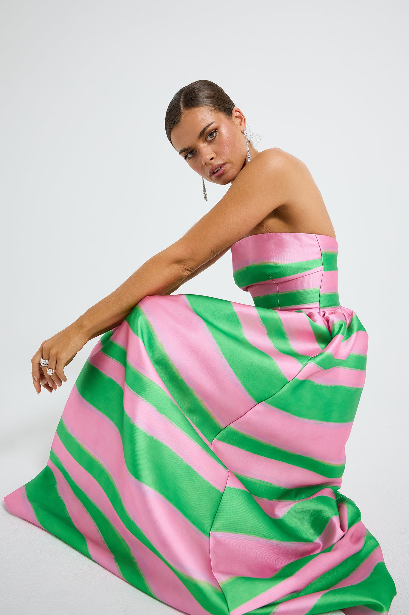 Gigi Strapless Midi Pink & Green Stripe Taffeta Event Dress – PASDUCHAS