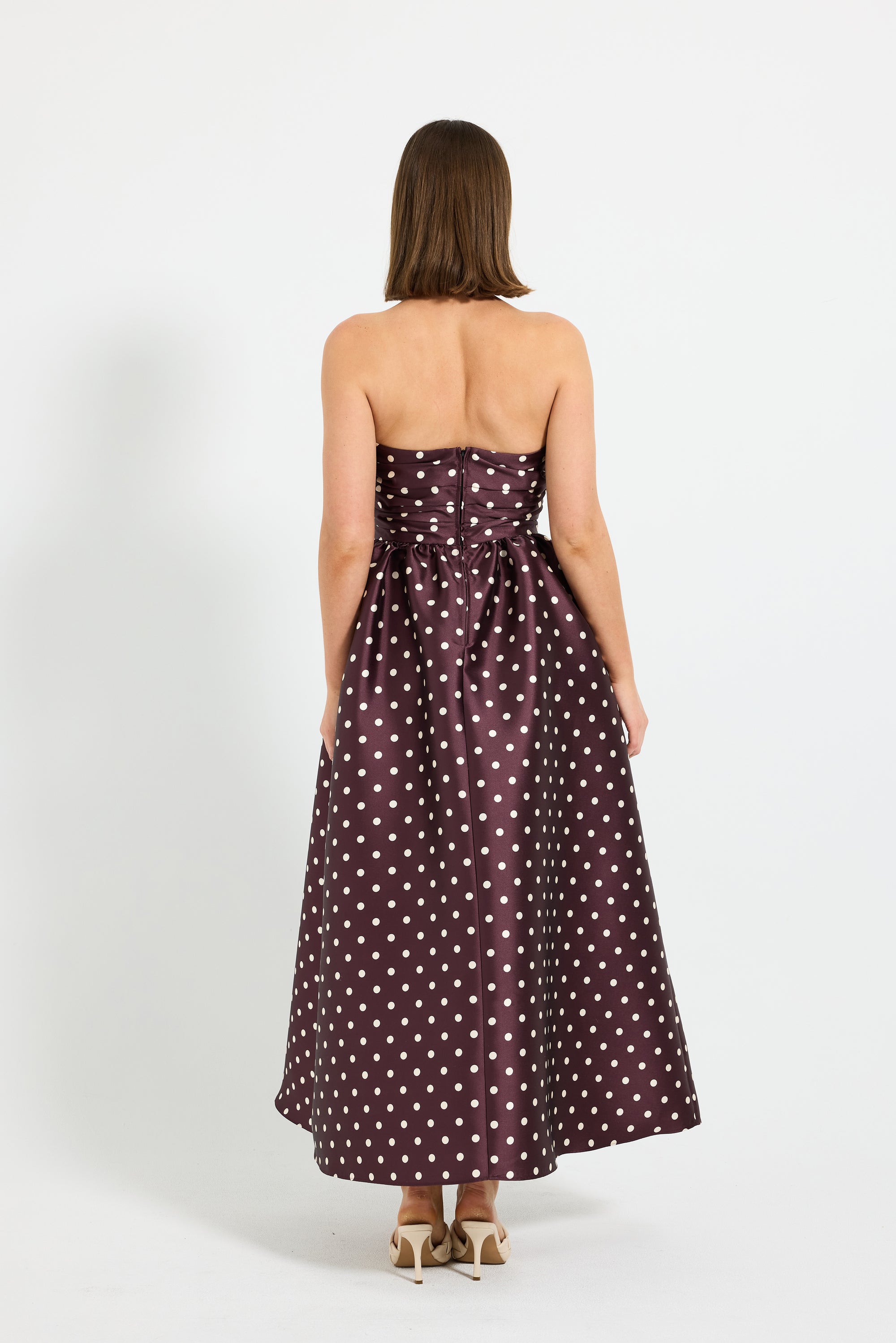 Alistair Strapless Midi – Polka Dot Strapless Midi Dress with Pockets