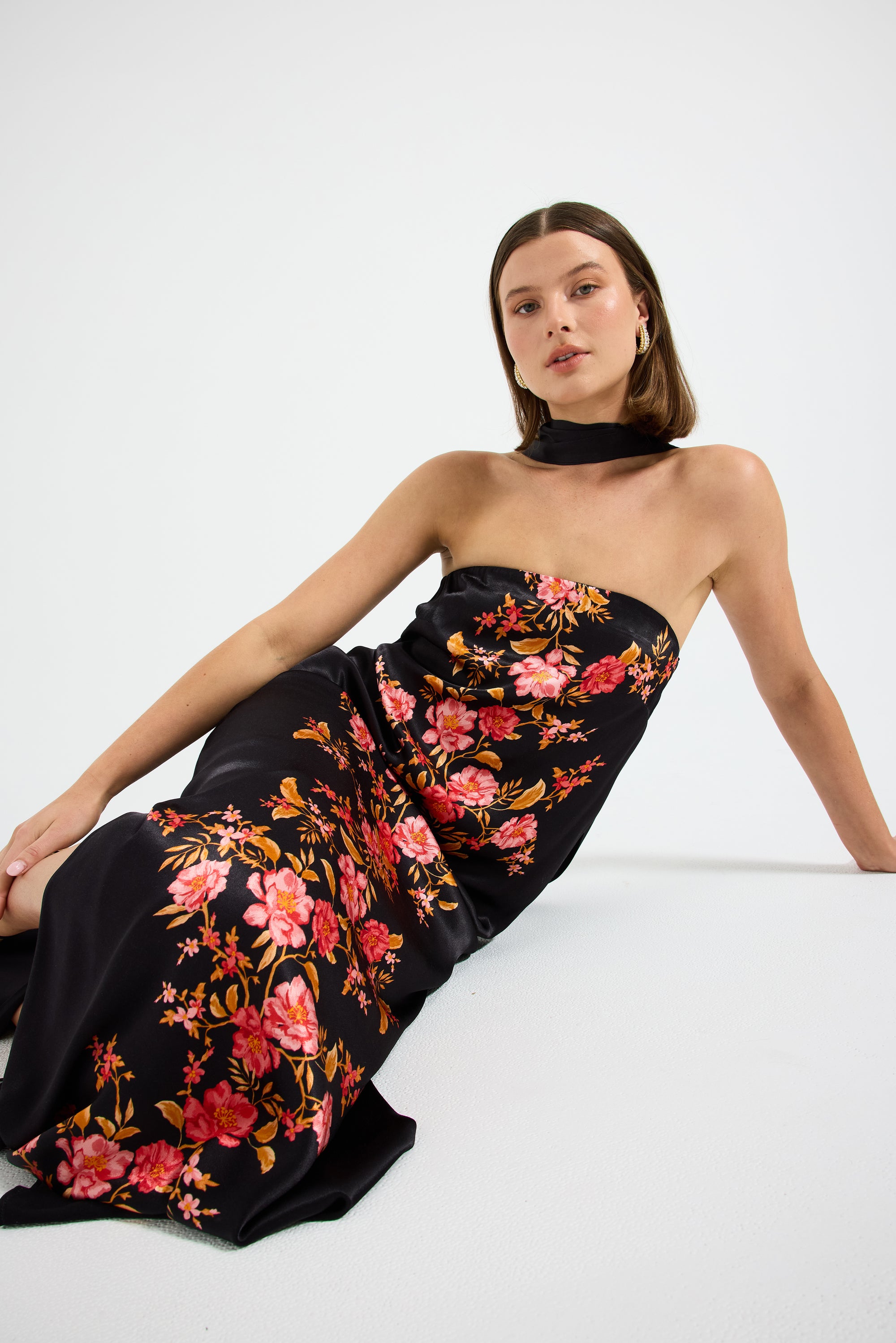 Gracie Column Maxi Dress - Strapless Floral Satin Evening Gown PASDUCHAS Gracie Column Maxi Dress - Strapless Floral Satin Evening Gown PASDUCHAS