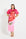 Woman wearing a pink midi dress with puff sleeves with red floral design. 